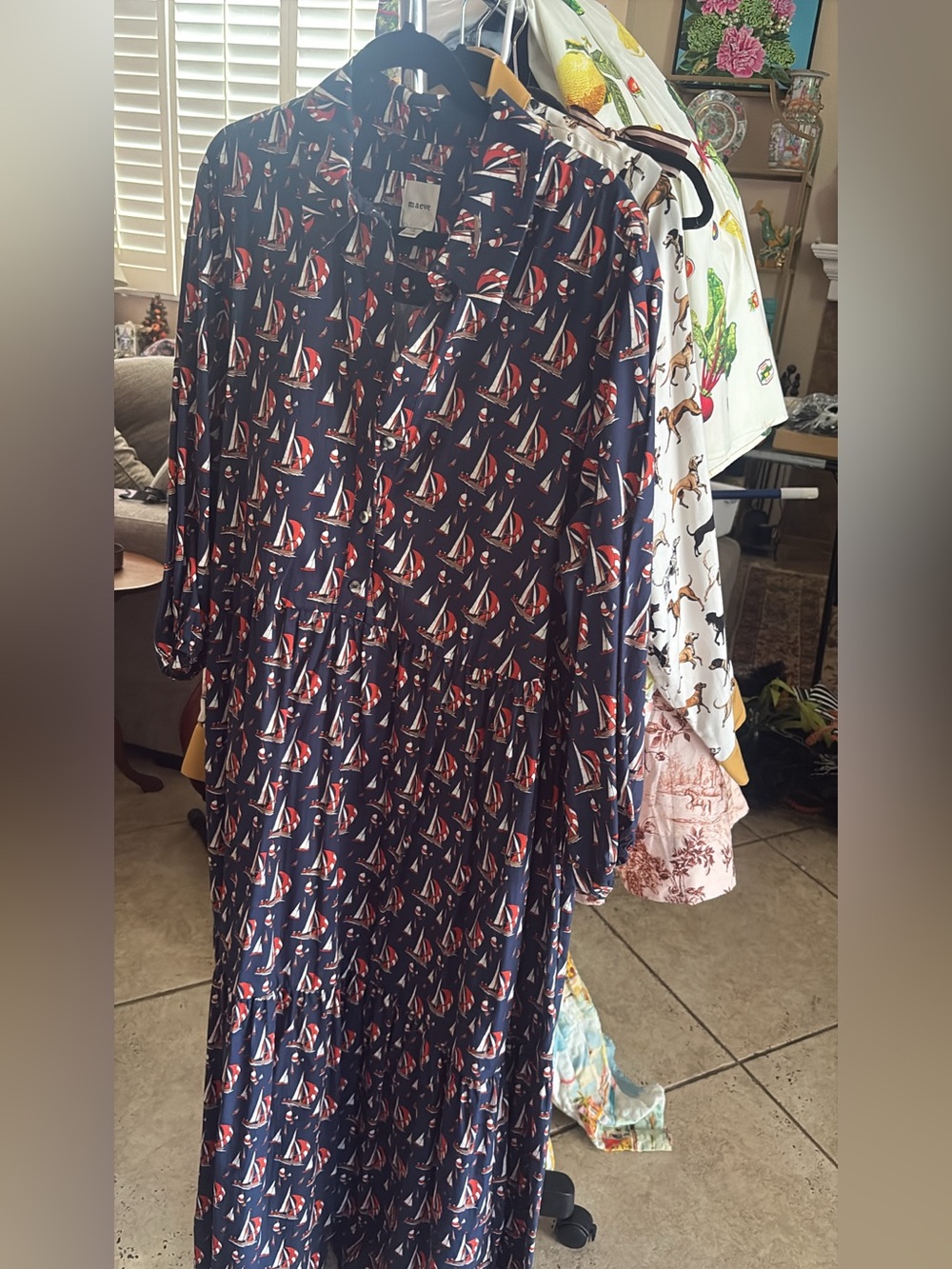 Maeve Nautical Print Navy Dress with Red Sails